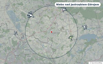 Mapa okolic miasta z sylwetkami samolotów — Niebo nad Jastrzębiem-Zdrojem